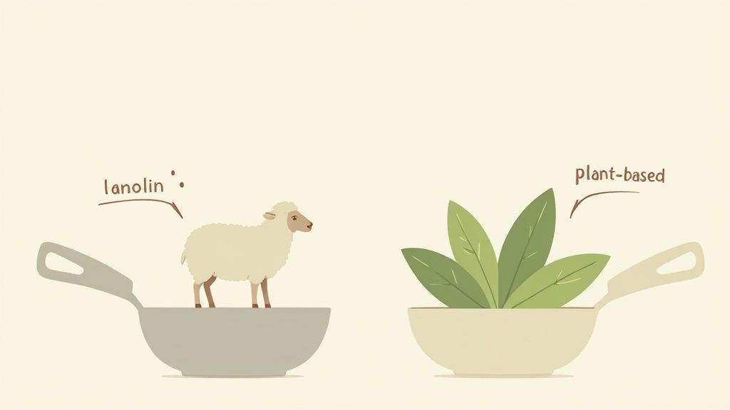 Sheep in a green field, representing the source of lanolin wool wax.