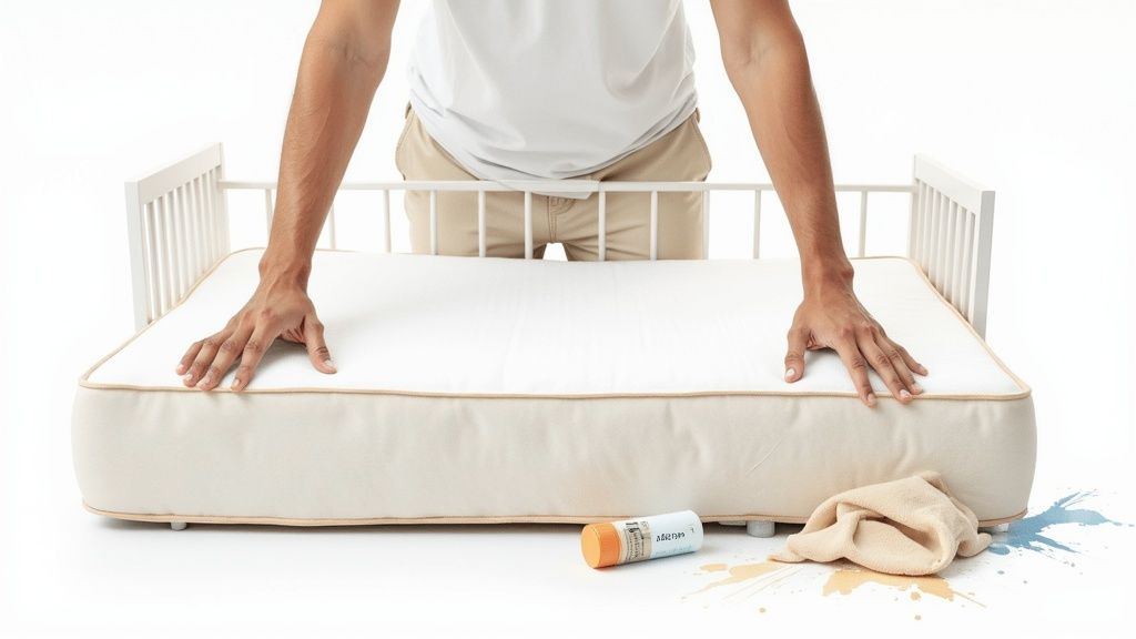 A person leans over a white crib mattress with cleaning supplies and colorful spills below.