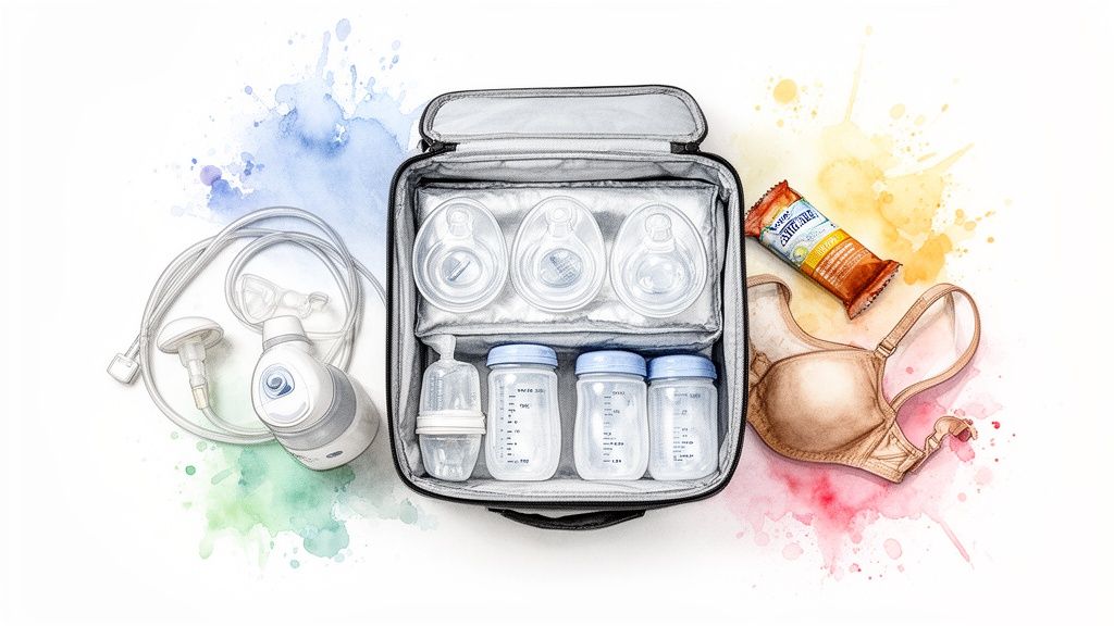 A flat lay of breast pumping essentials including a pump, bottles, insulated bag, nursing bra, and snack bar.
