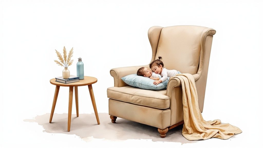 A mom comfortably feeding her baby in a cozy nursery feeding corner.