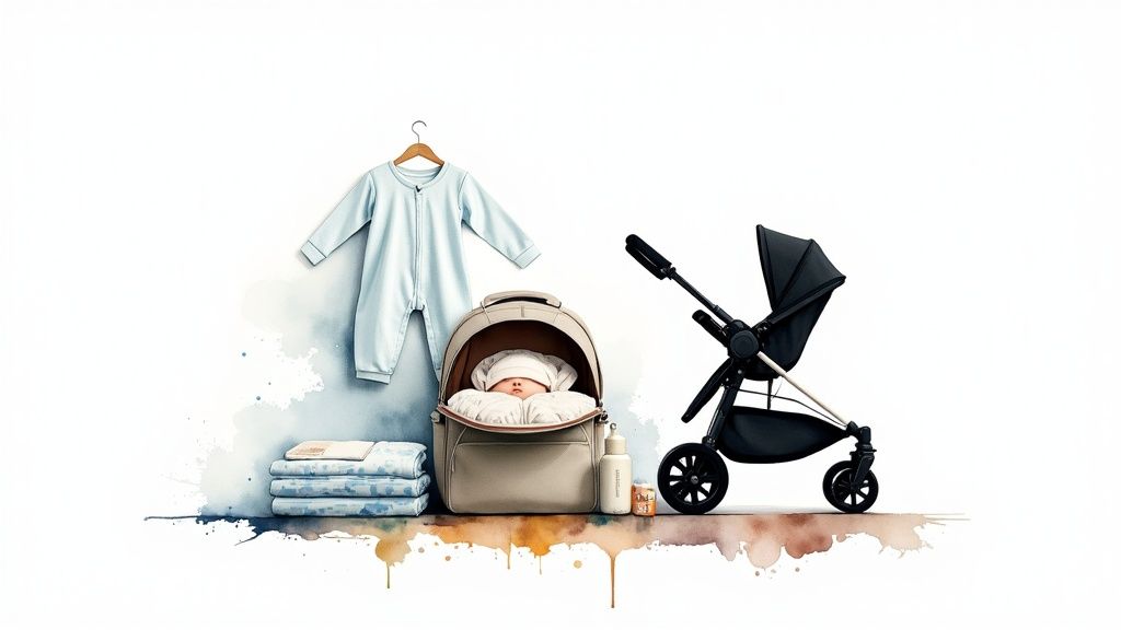 A stylish mother pushes a modern stroller with a baby inside, walking down a city sidewalk.