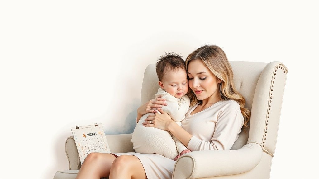 A happy mother gently holds her sleeping baby in a beige armchair, with a calendar showing 4 weeks.
