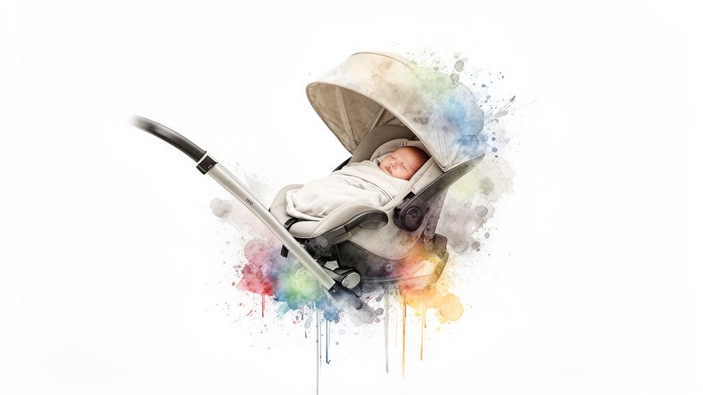 A sleeping infant nestled comfortably in a light grey car seat stroller combo with colorful watercolor splashes.
