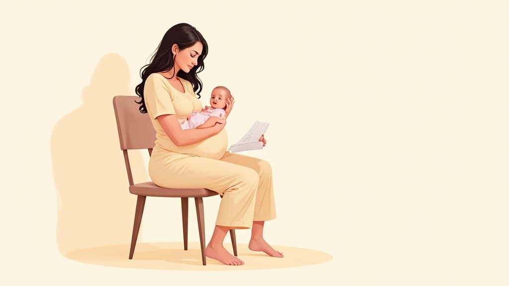 Mother sitting in chair holding newborn baby while reading breastfeeding information guide