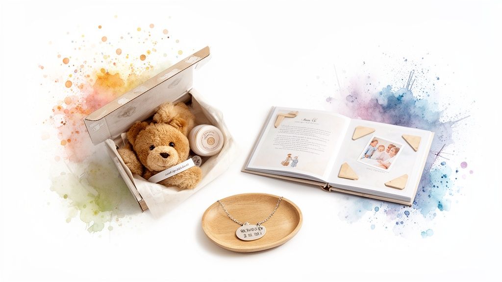 A gift set featuring a teddy bear, a jar, an open photo album, and a necklace on a wooden tray.