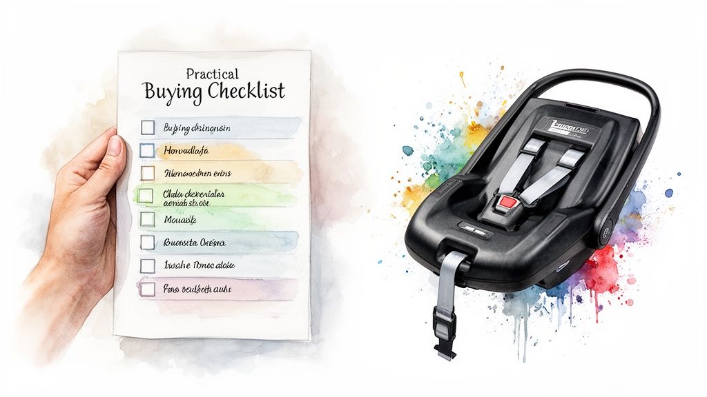 A hand holds a 'Practical Buying Checklist' next to an infant car seat base on a colorful background.