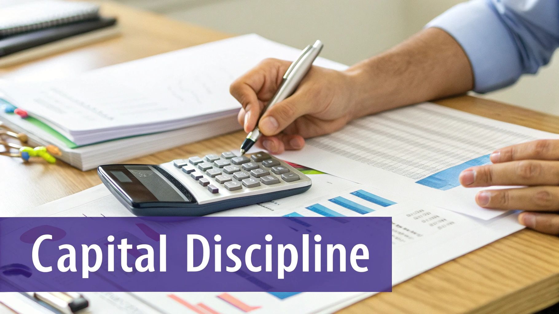 A person calculates figures on financial documents with a calculator and pen, displaying 'Capital Discipline'.