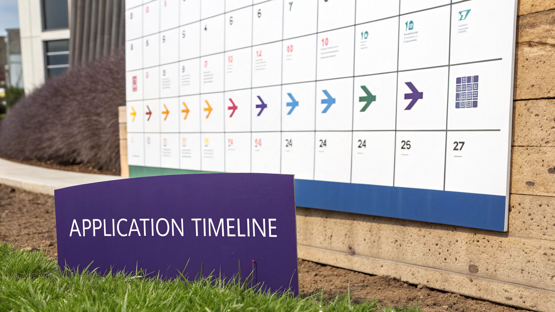 Calendar with arrows and a sign reading “Application Timeline,” symbolizing ICANN’s gTLD application schedule.