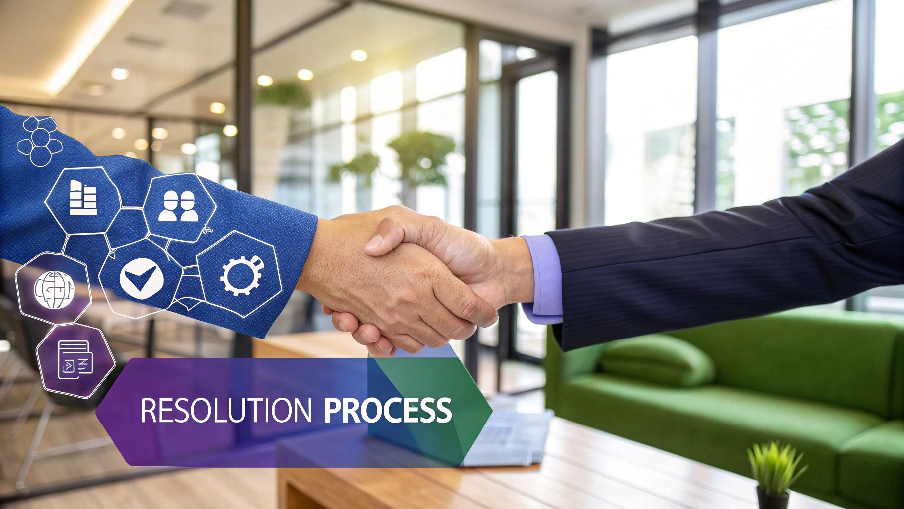 Handshake symbolizing the resolution process in gTLD string contention, where ICANN determines outcomes for competing TLD applicants.