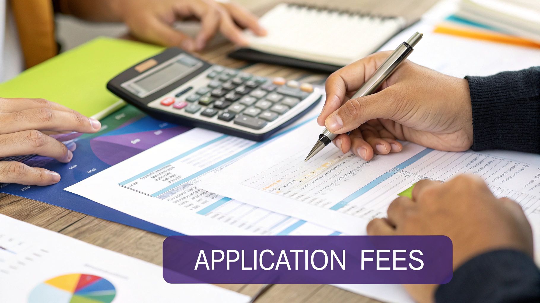 Close-up of hands reviewing financial documents and calculator with text 'Application Fees'