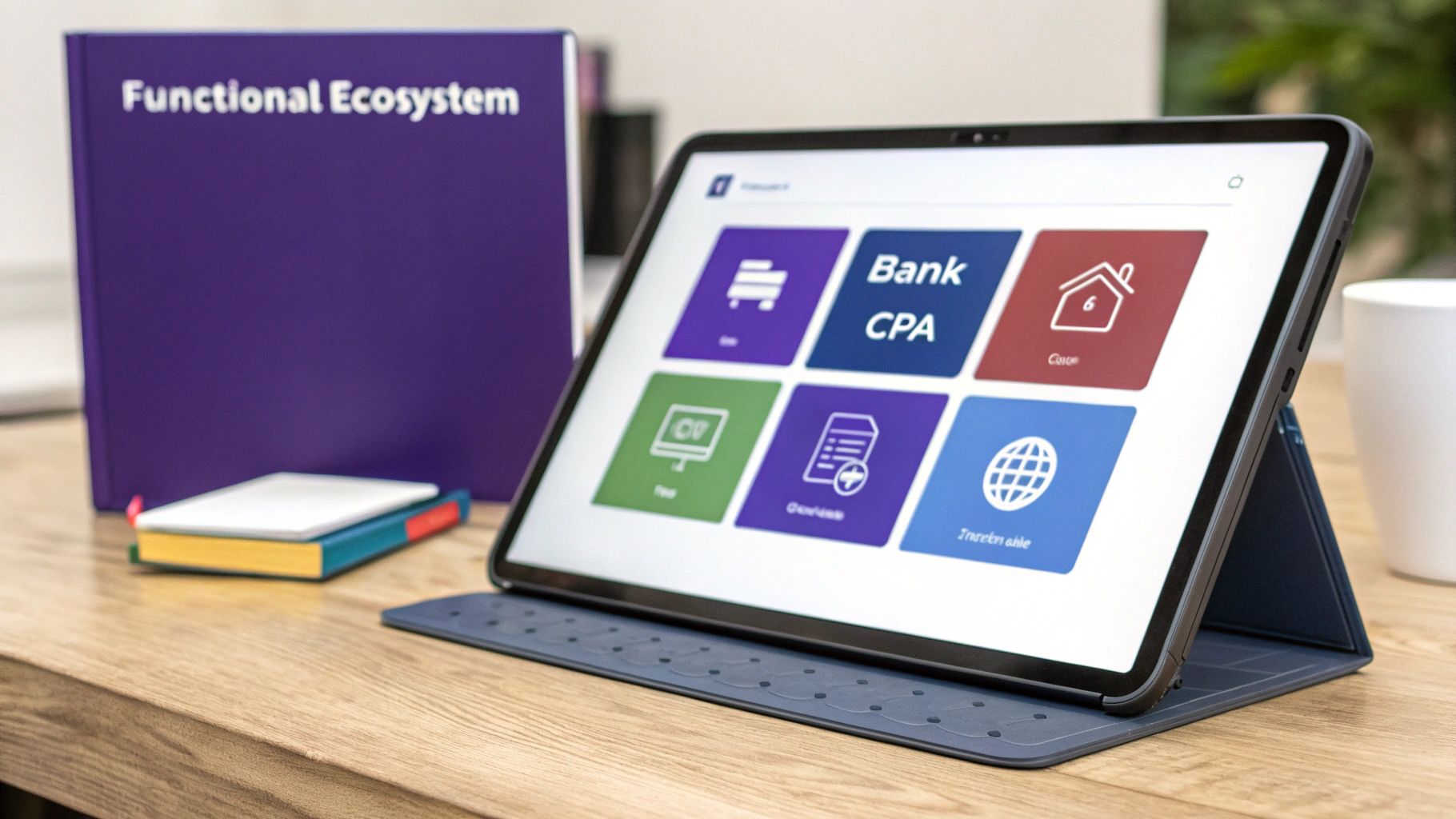 A tablet displaying a business application with colorful tiles on a wooden desk, next to a 'Functional Ecosystem' book.