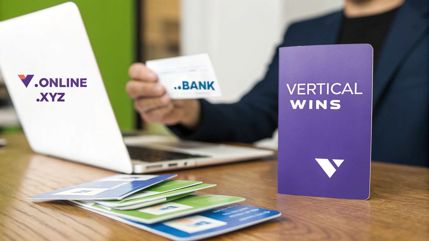 Person holds a .BANK card near laptop displaying .ONLINE .XYZ domains and a 'VERTICAL WINS' booklet.