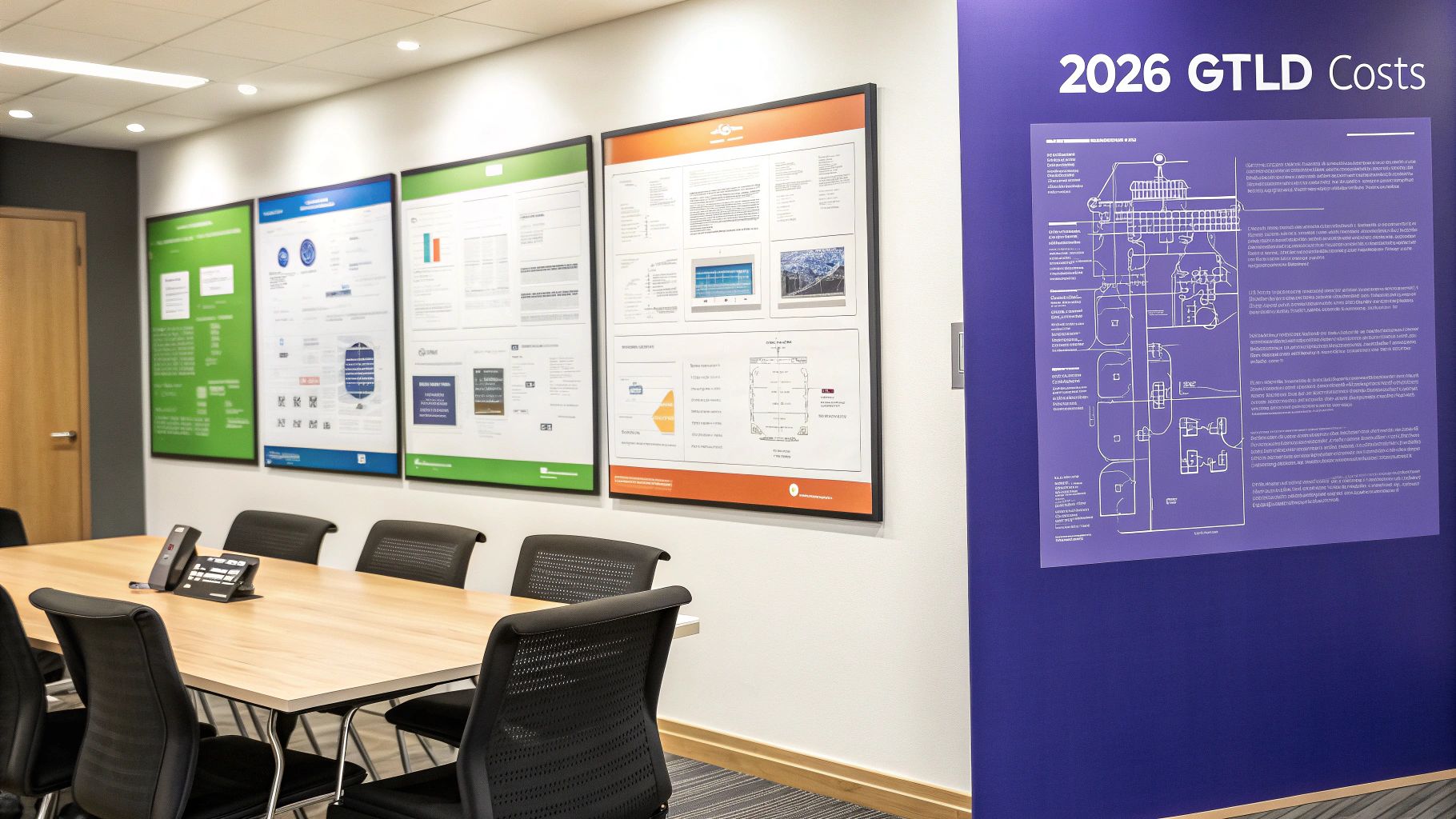 Meeting room with posters about ICANN 2026 gTLD costs, fees, and application process