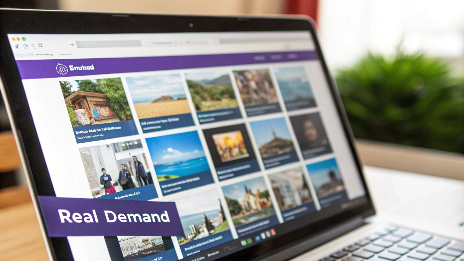 A laptop screen displays the 'Emuhod' website with multiple image thumbnails and a 'Real Demand' banner.