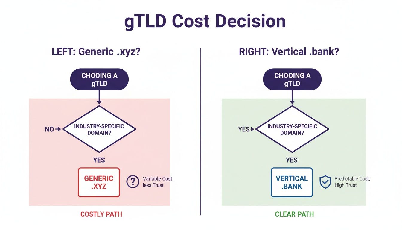 Two flowcharts compare choosing generic versus vertical gTLDs, contrasting cost and trust outcomes for domains like .xyz and .bank.