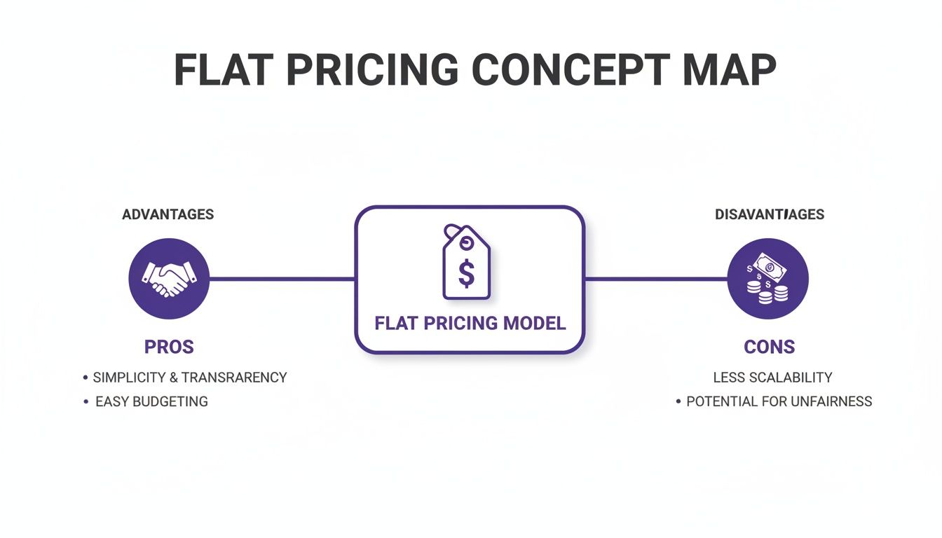 A concept map titled 'Flat Pricing Concept Map' showing its advantages and disadvantages.