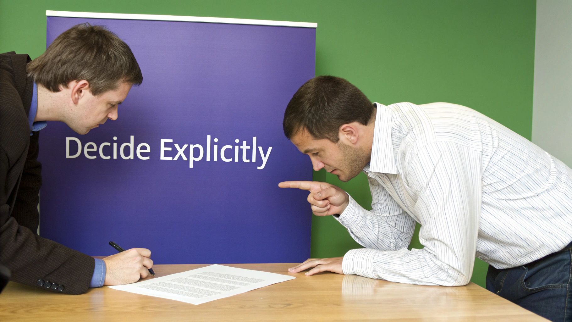 Two men reviewing a document on a table, one pointing, the other writing, with a "Decide Explicitly" sign behind them.
