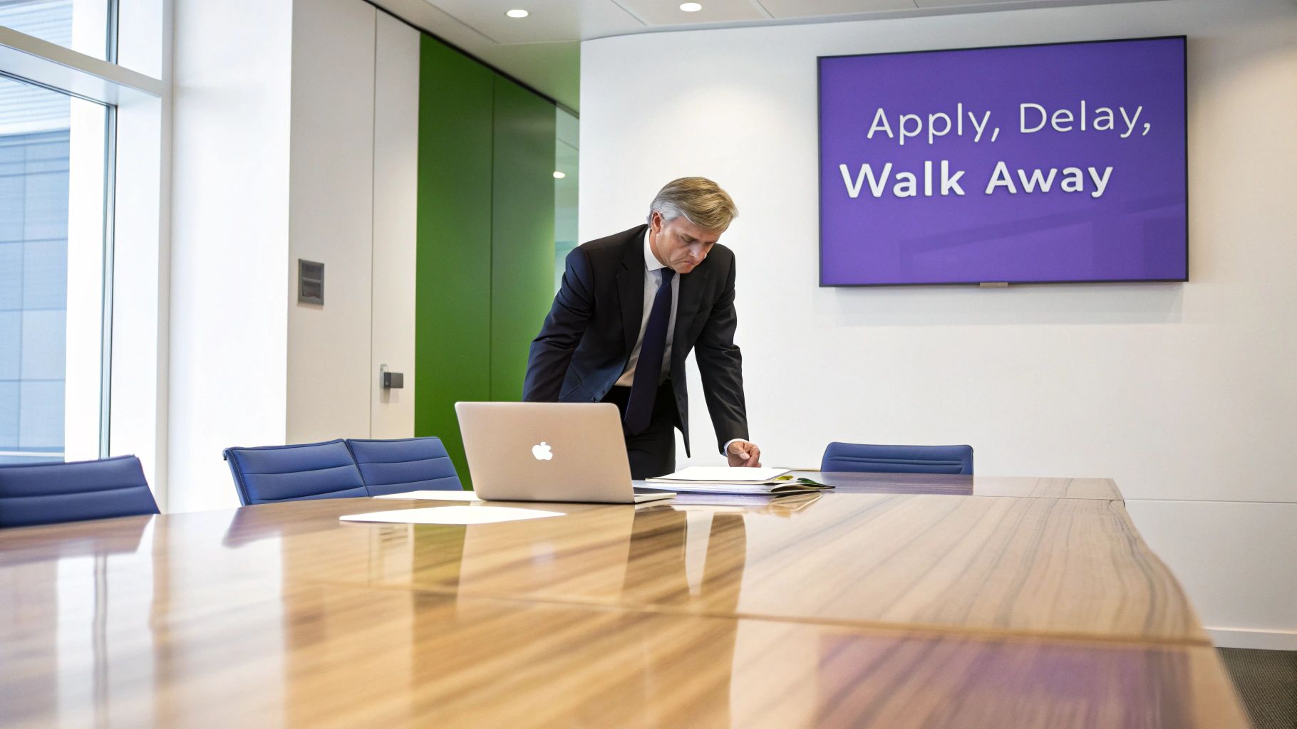 A businessman in a suit reviews documents on a reflective conference table, a laptop nearby, with a strategic message on screen.
