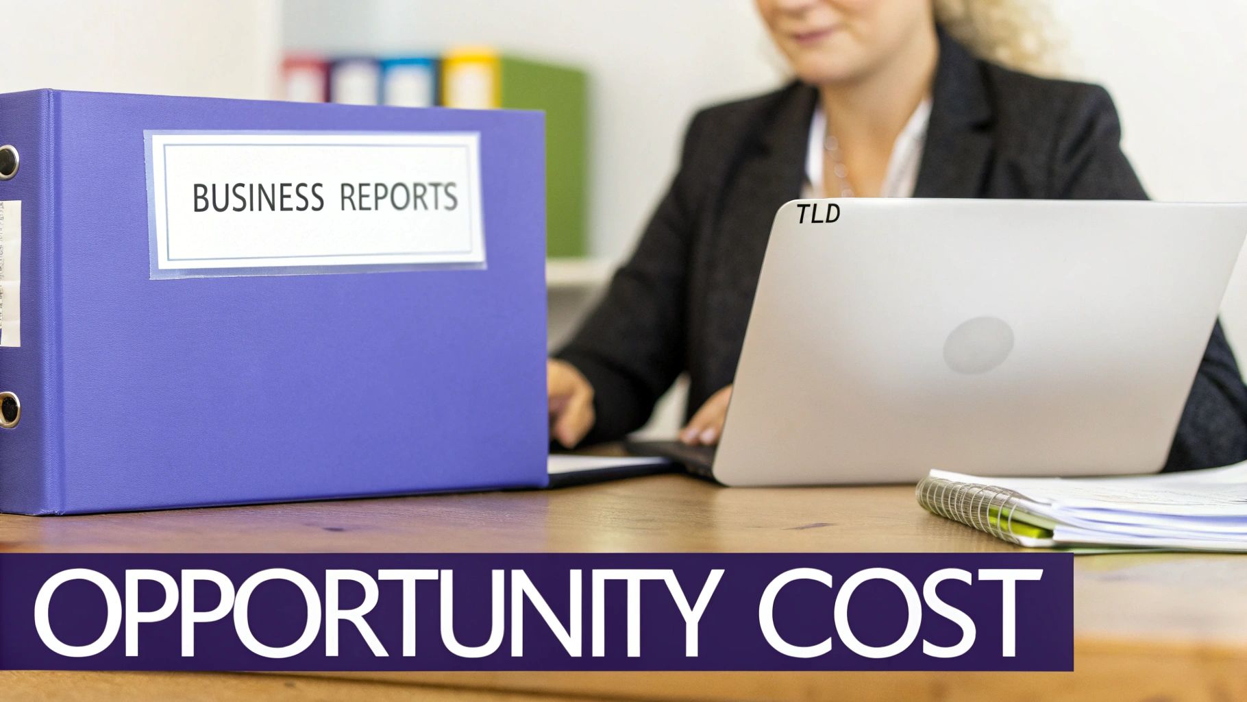 A purple binder of business reports and a person working on a laptop, depicting opportunity cost.