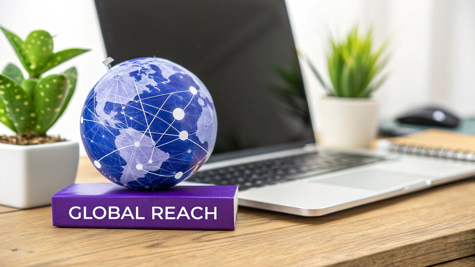 Small globe with network connections symbolizing global reach, placed on a desk beside a laptop and plant, highlighting worldwide potential of custom TLDs.