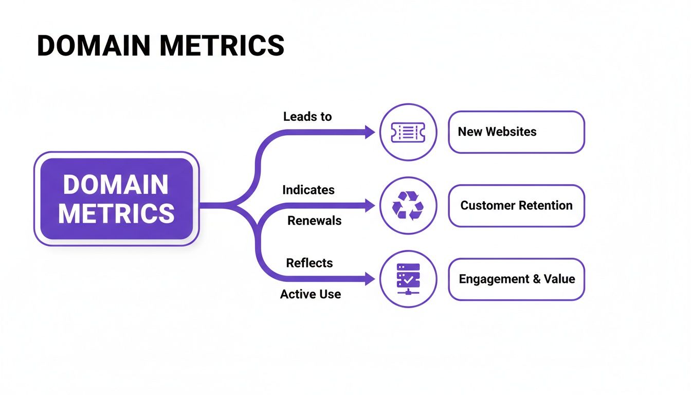Flowchart illustrating domain metrics leading to new websites, customer retention, and engagement.