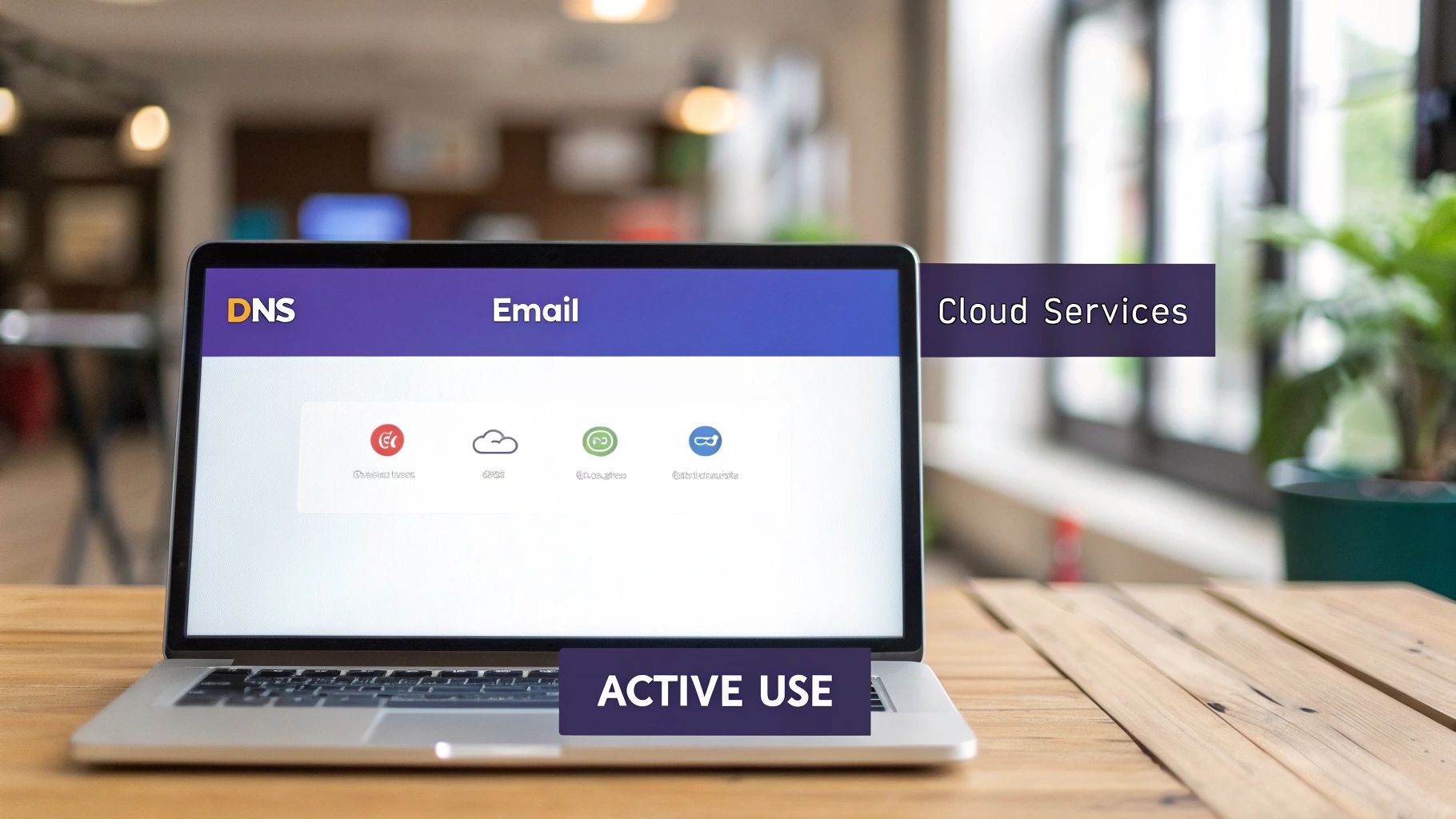 Laptop displaying cloud email and DNS services on screen, with 'Cloud Services' and 'Active Use' text overlays.