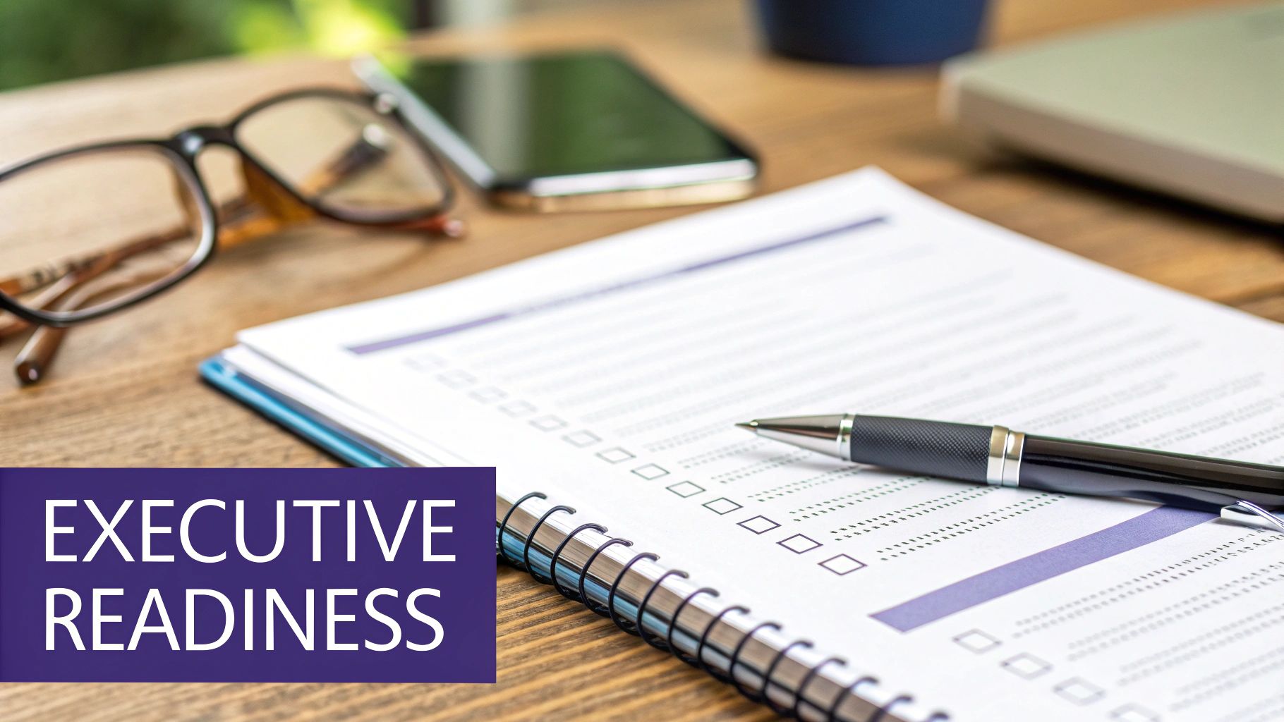 A document titled 'EXECUTIVE READINESS' with checkboxes, a pen, glasses, and a smartphone on a wooden desk.