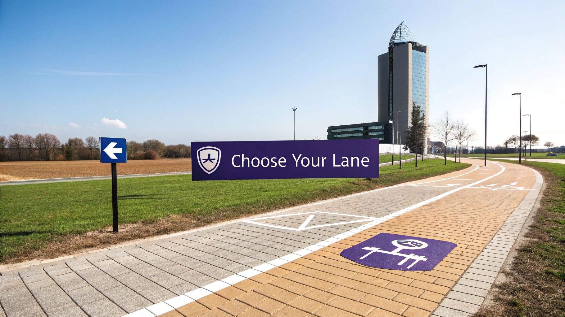 A modern path with "Choose Your Lane" sign and directional arrow near a tall building.