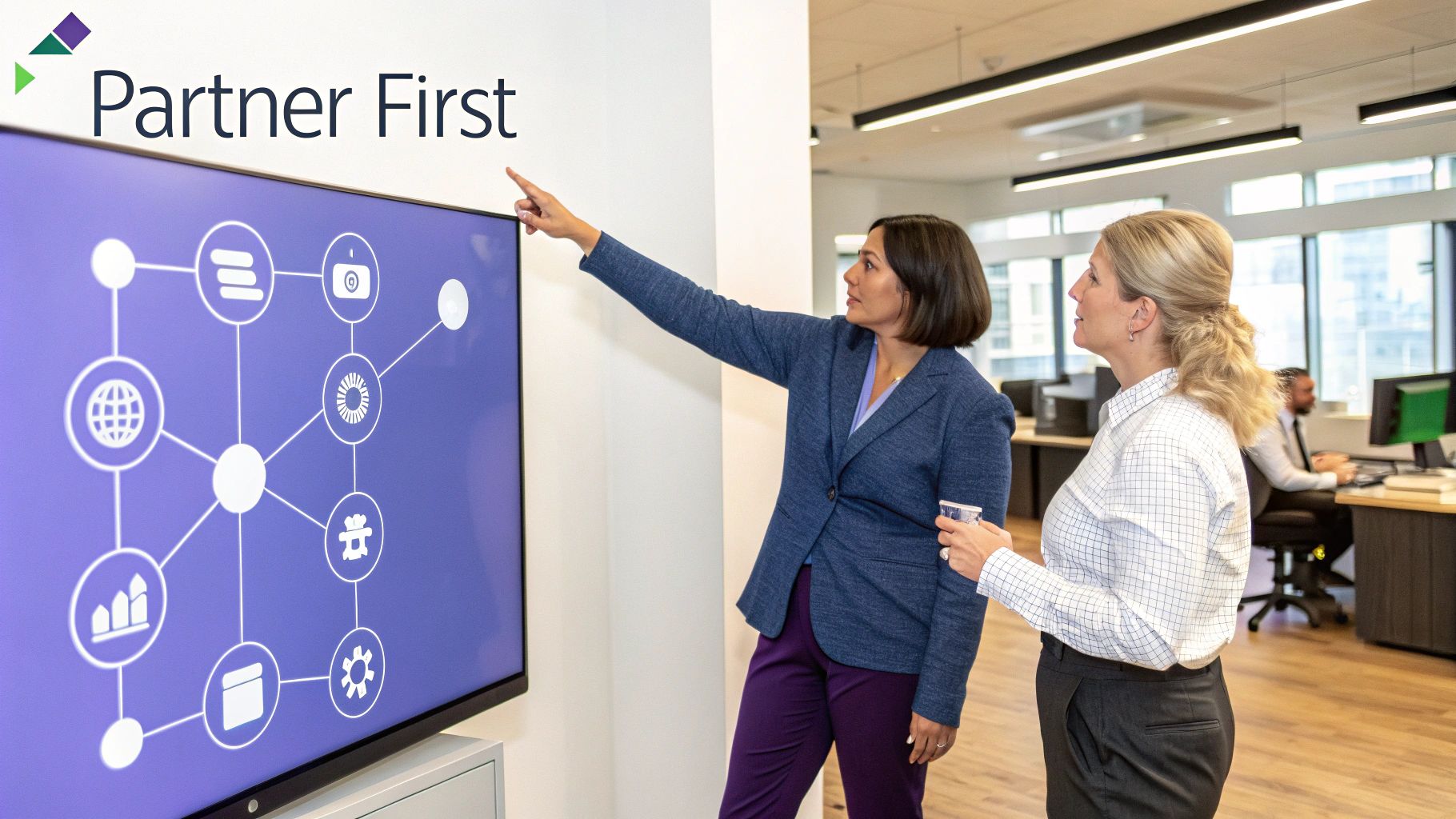 Two businesswomen discussing a network diagram on a large screen in a modern office environment.