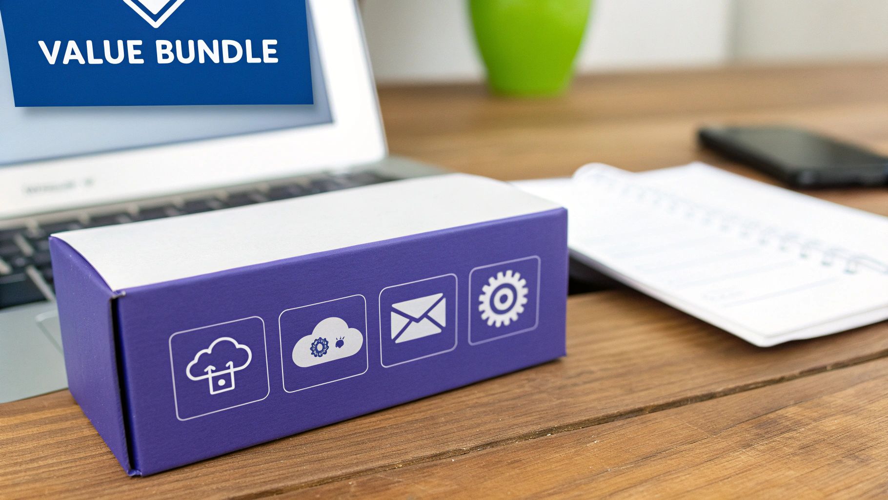 A purple box with technology icons sits on a wooden desk with a laptop displaying 'VALUE BUNDLE'.