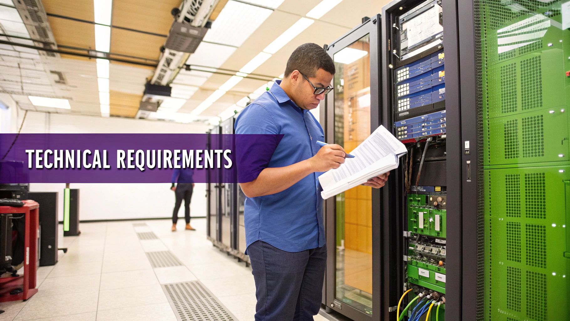 Technician reviewing documentation in a data center, illustrating technical requirements for ICANN gTLD contracting and Pre-Delegation Testing (PDT).
