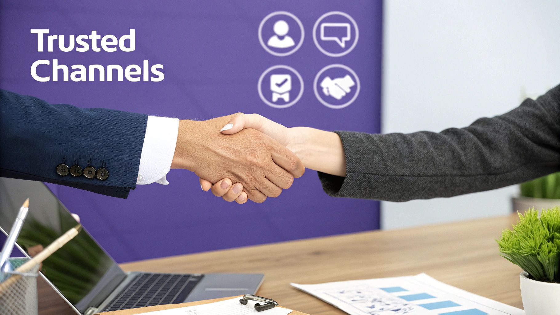Two business people shake hands, symbolizing trusted partnership and communication channels.
