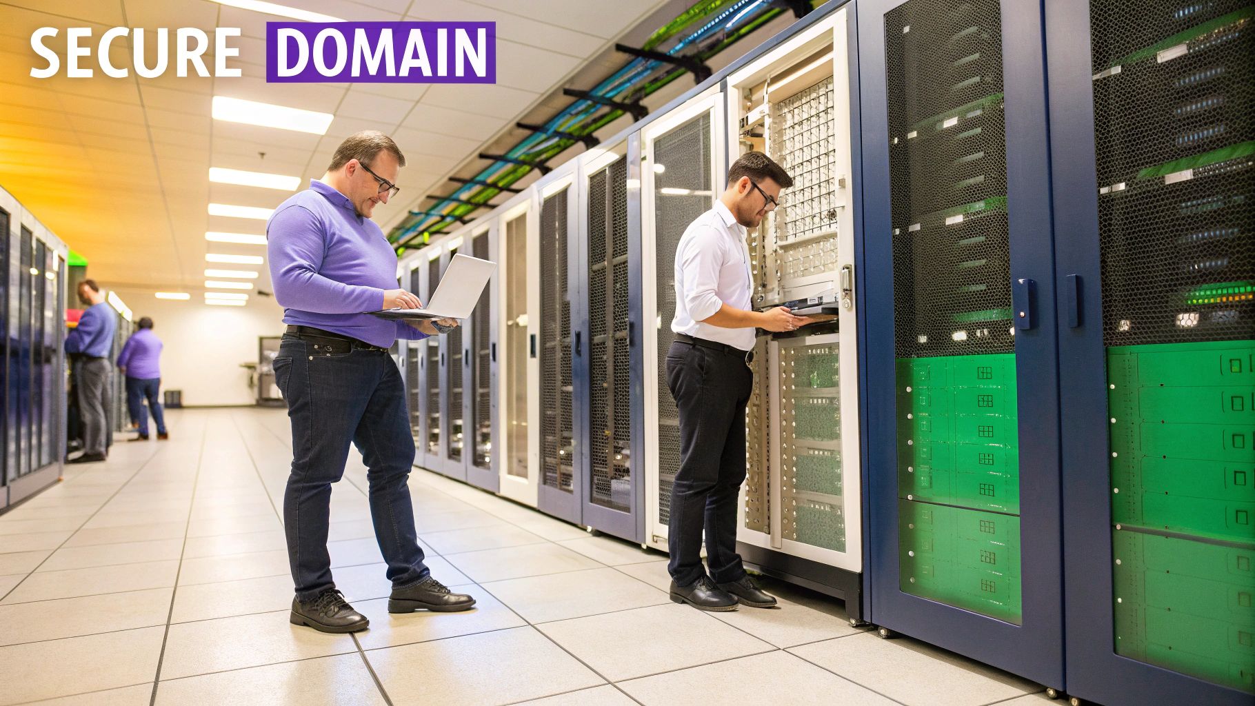 IT professionals managing servers in a secure data center, ensuring reliability and protection for custom TLD infrastructure.