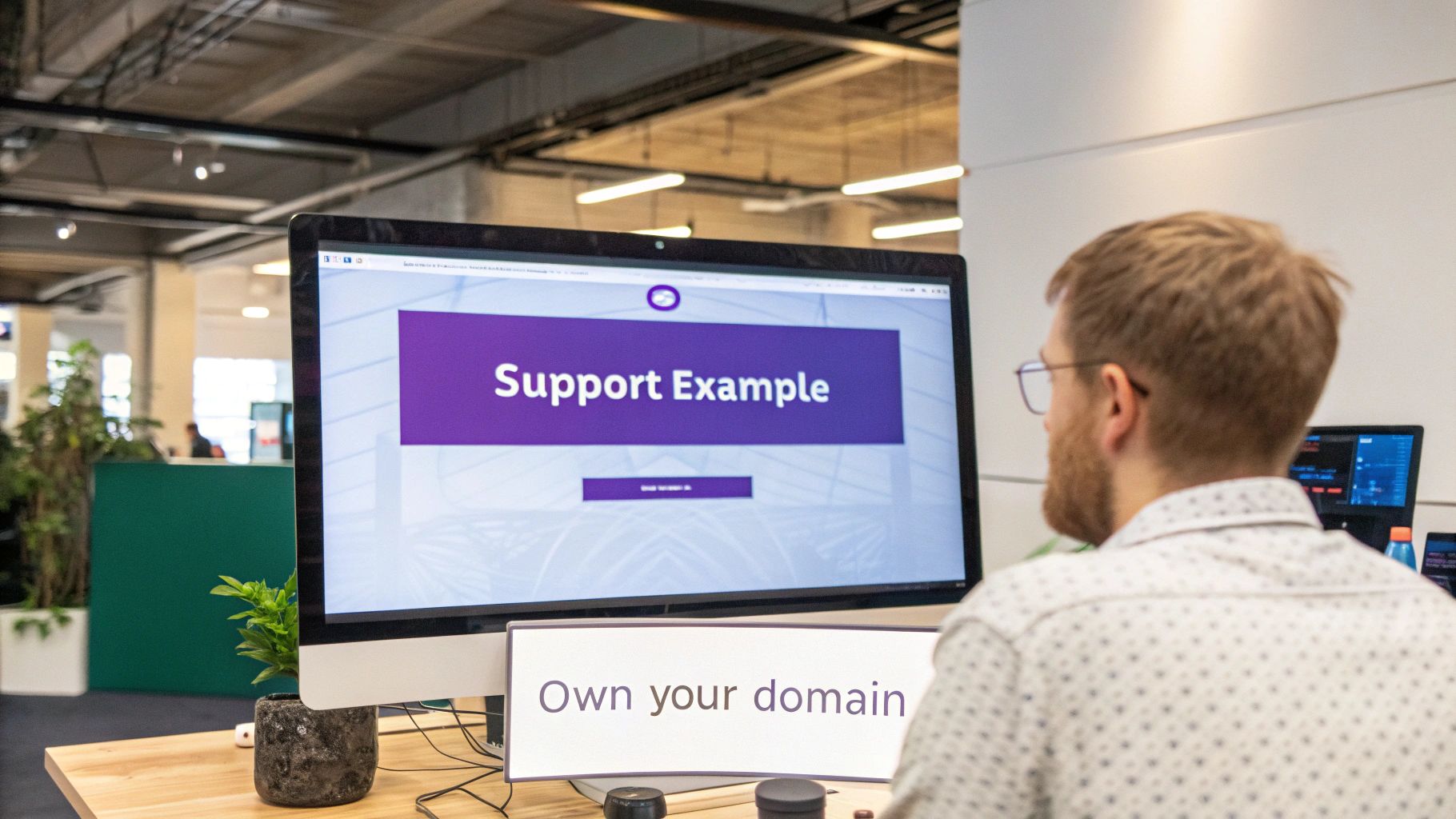 Man in glasses looks at a computer screen showing "Support Example" with "Own your domain" sign below.
