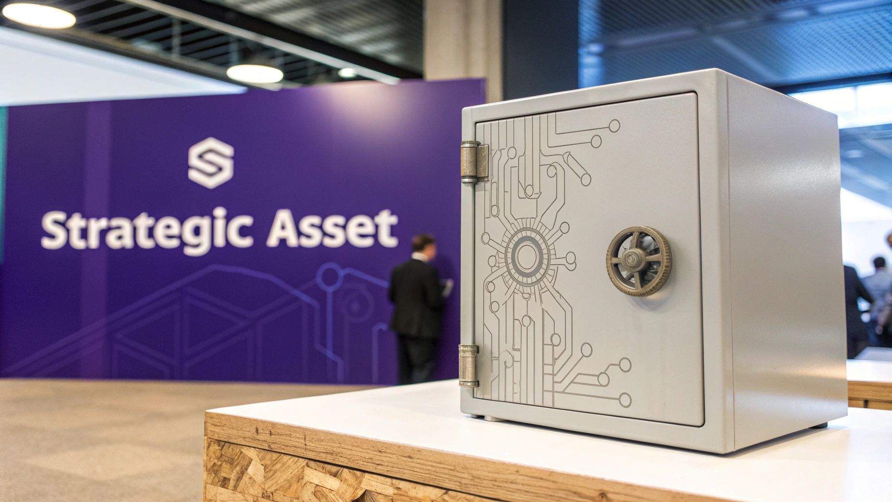 A gray safe with a circuit board design and a combination dial on a table at a "Strategic Asset" event.