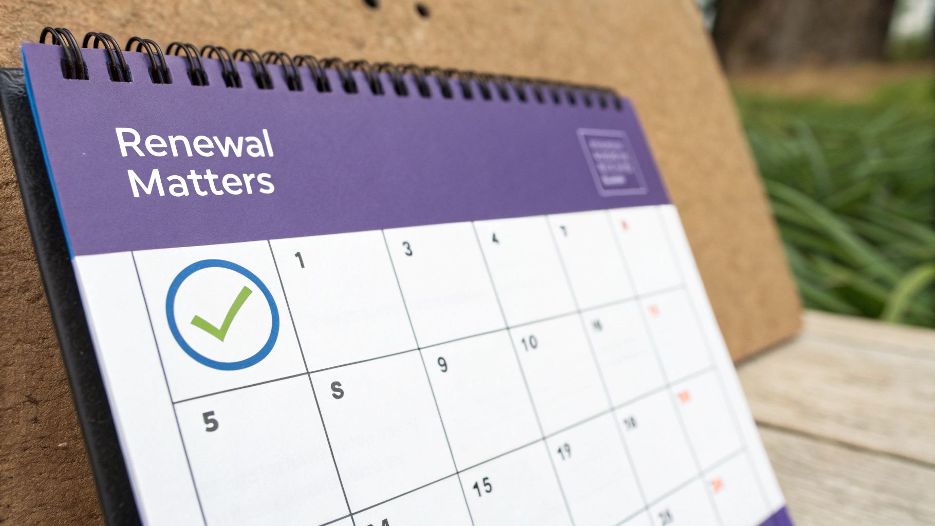 A desk calendar showing 'Renewal Matters' with a prominent green checkmark on an important date.