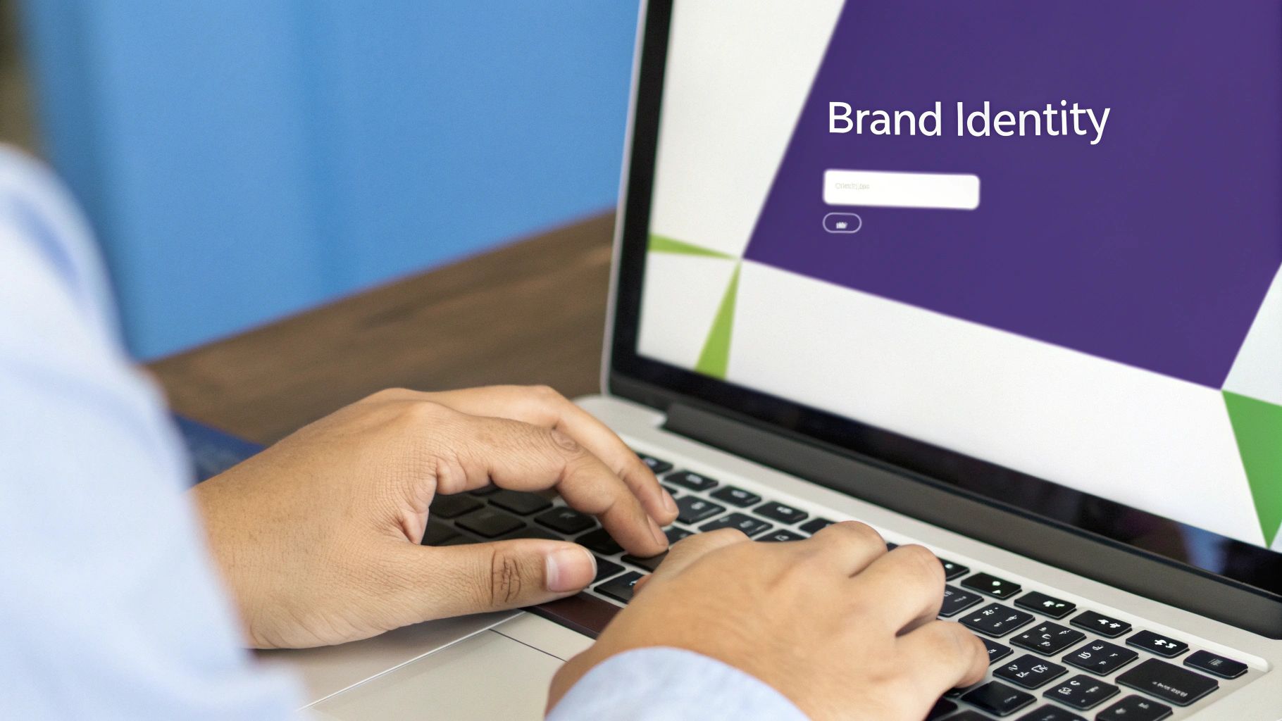 Person typing on a laptop with “Brand Identity” on the screen, symbolizing how a custom TLD strengthens brand control and online presence.