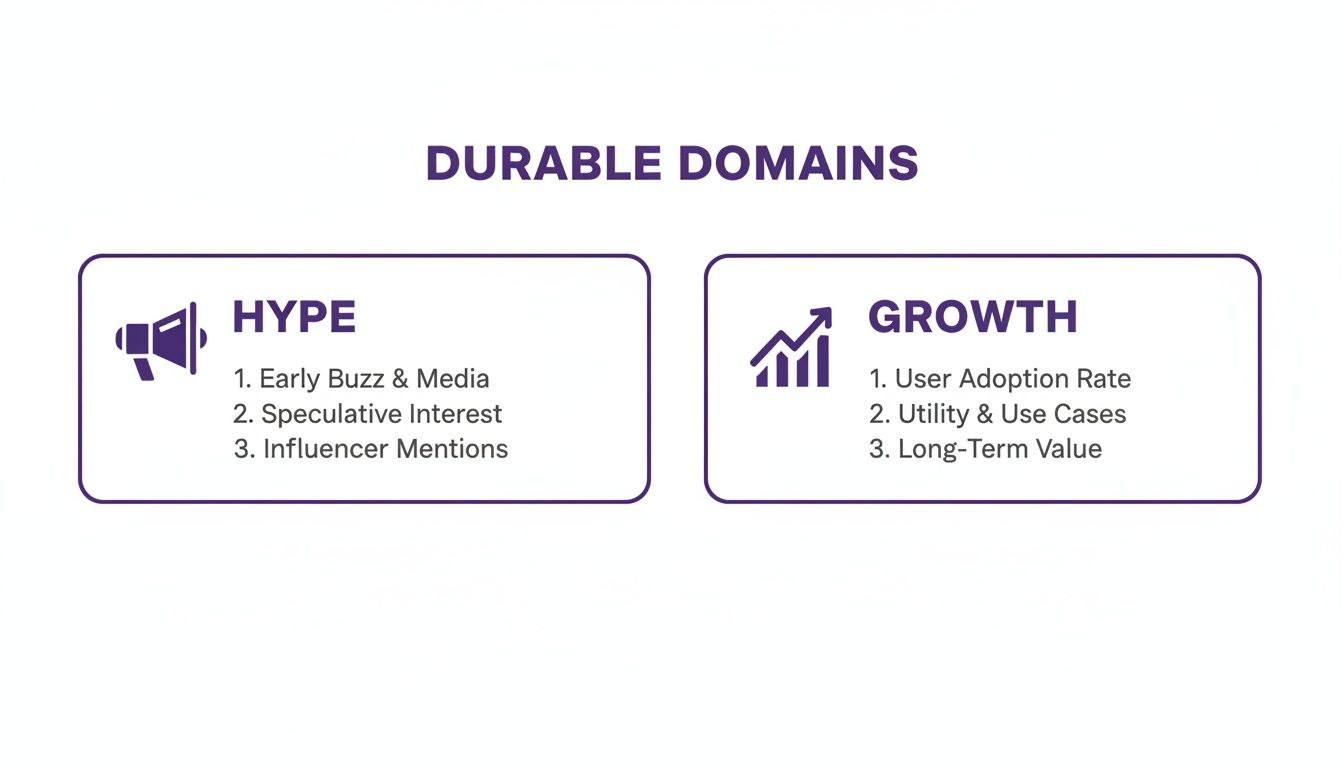Infographic comparing 'Hype' and 'Growth' factors for durable domains with key metrics.