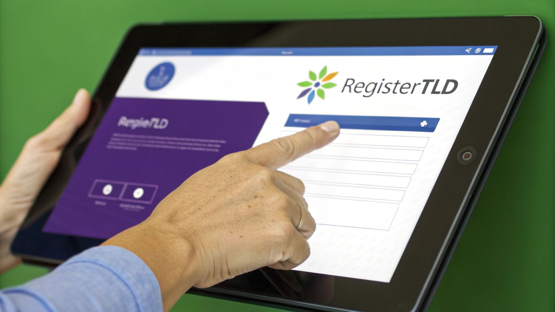 Own your TLD registration platform Tablet screen showing RegisterTLD platform