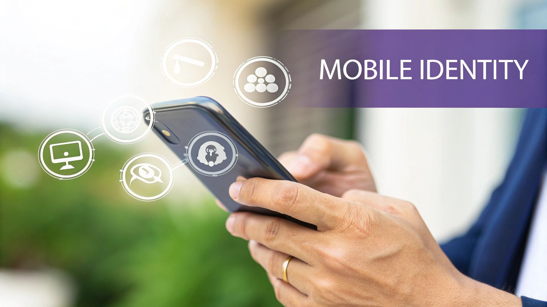 Person using a smartphone with floating digital icons, and 'MOBILE IDENTITY' banner.