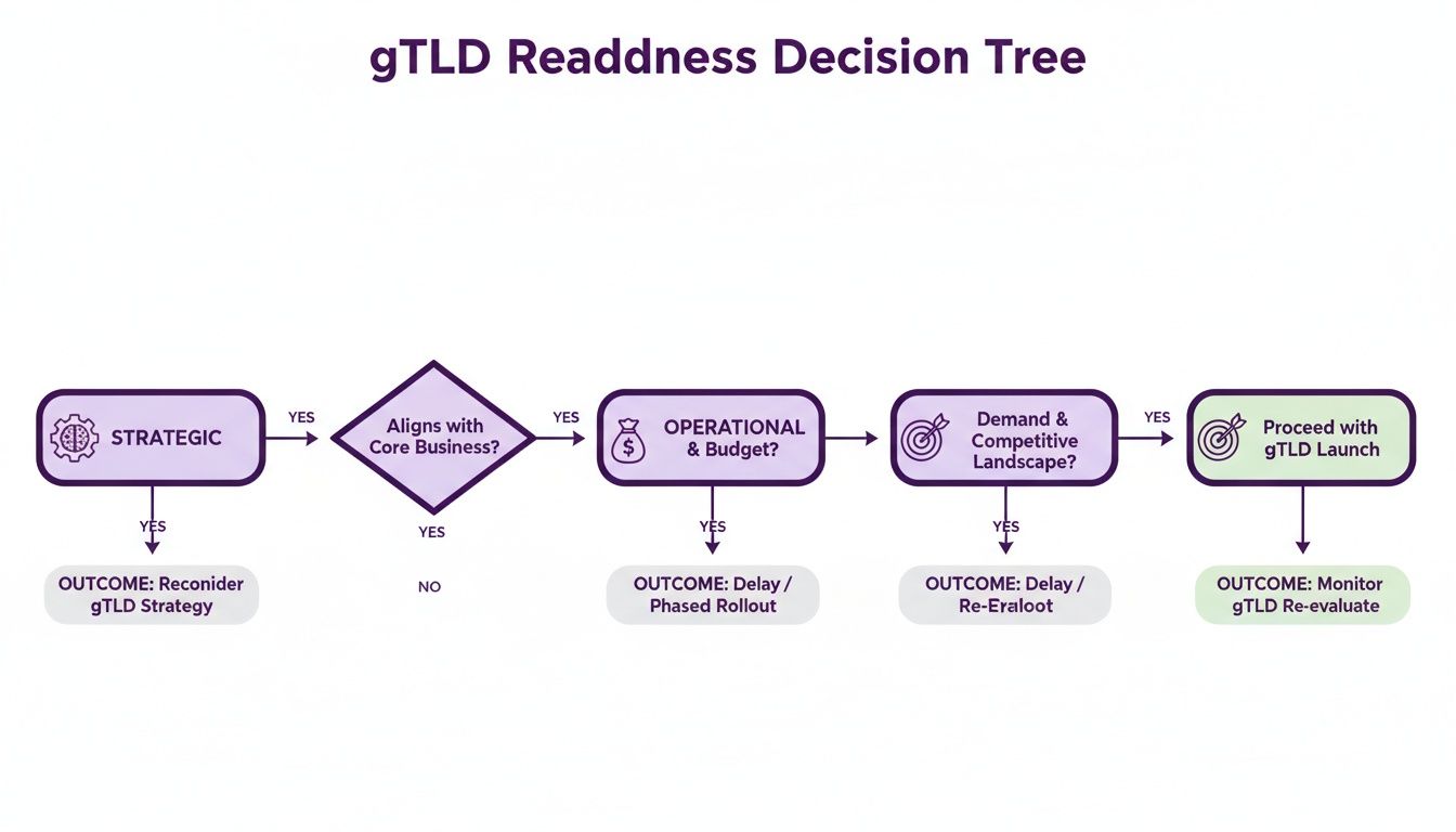 Decision tree for gTLD readiness evaluating strategic, operational, budget, and market factors.
