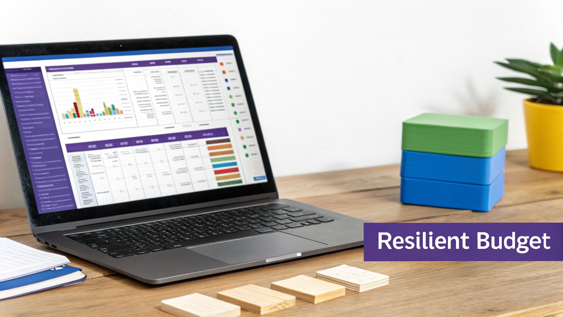 A laptop displays a financial dashboard with charts and tables, alongside office supplies and a 'Resilient Budget' banner.