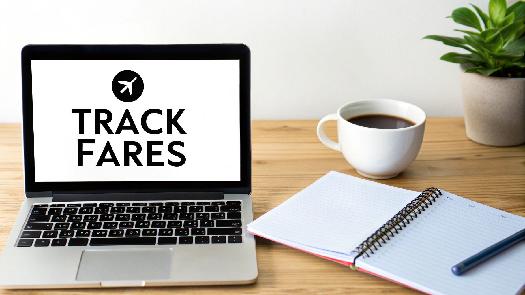 A laptop displays 'TRACK FARES' and an airplane icon, next to coffee, a notebook, and a plant on a wooden desk.