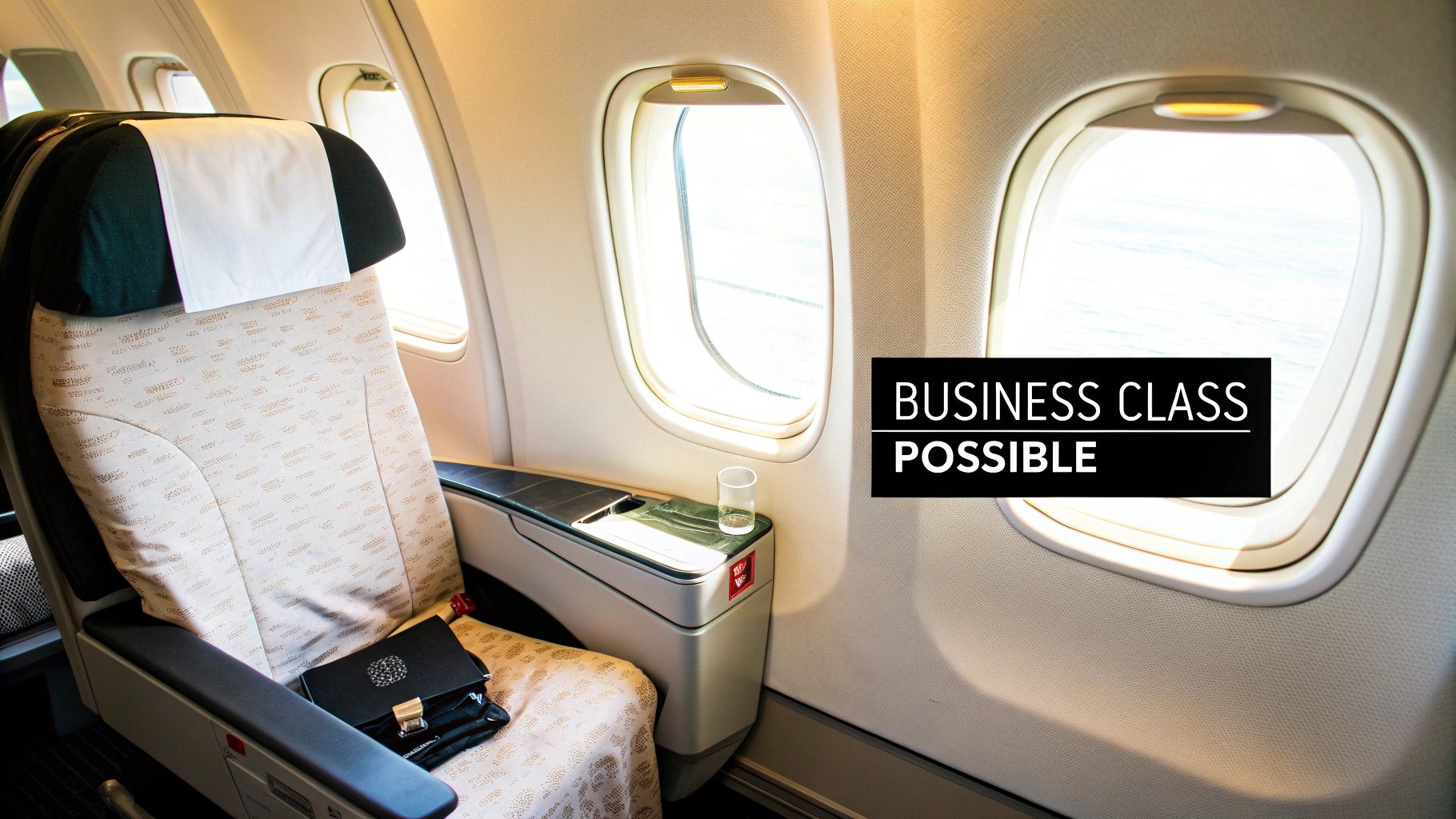 An empty business class airplane seat next to two bright windows, with a glass and a clutch.