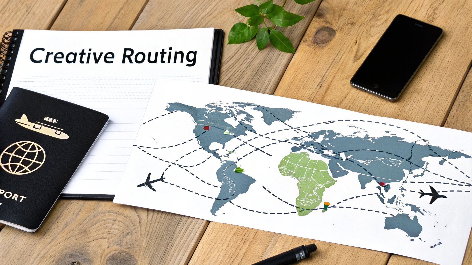 A passport, notebook with 'Creative Routing', world map with flight routes, and smartphone on a wooden desk.