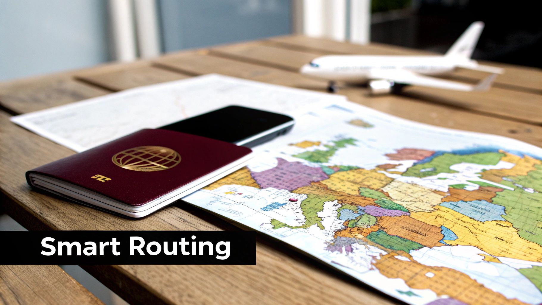 A passport, smartphone, world map, and airplane model on a wooden table, symbolizing travel planning.