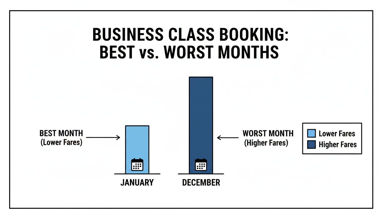 Bar chart comparing business class fares: January offers lower fares, December has higher fares.