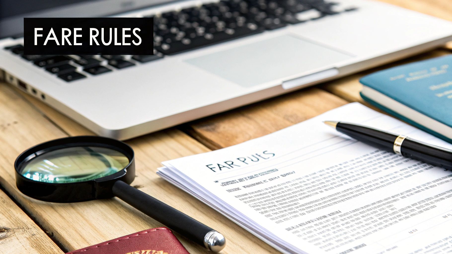 Desk with laptop, 'FARE RULES' sign, documents, pen, and magnifying glass for travel planning.