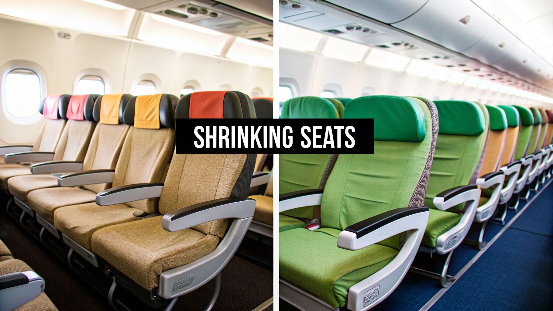 Side-by-side comparison of two airplane cabins with rows of economy seats, highlighting "SHRINKING SEATS".