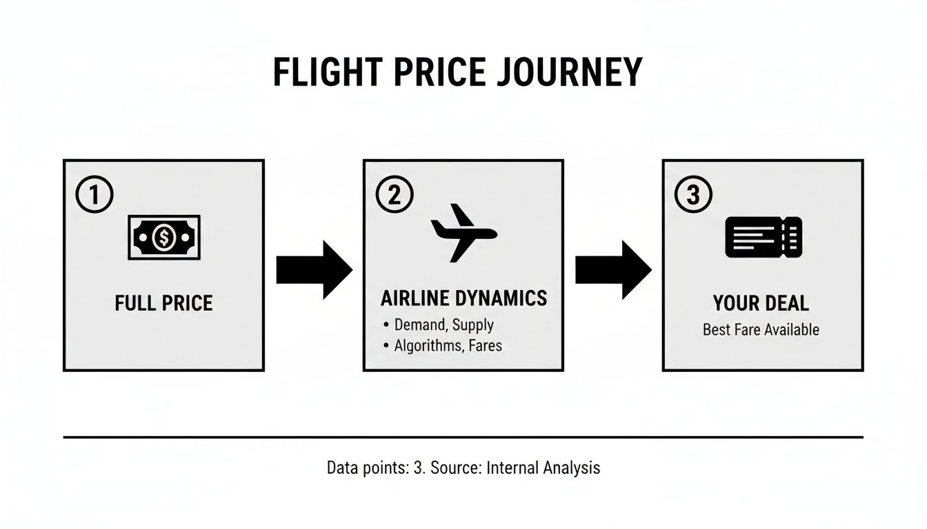 Infographic showing the journey of flight price from full price through airline dynamics to the best deal.